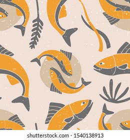 Fish seamless pattern. Сolored fish on a gray shabby background. Sea life pattern original design. Vector shabby hand drawn illustration