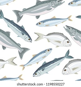 Fish seamless pattern on white background. Mackerel, salmon, sardine, dorado. Vector illustration of seafood in cartoon flat style.