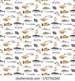 Fish seamless pattern on the white background. Vector illustration