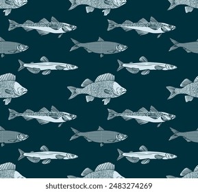 Nahtloses Fischmuster. Barsch, Lodde, Hering, Pollack, Garnelen. Vektorillustration von Fisch auf weißem Hintergrund. Meeresfrüchte-Menü im Restaurant. Umrisse des Designs von Malbuchseiten.