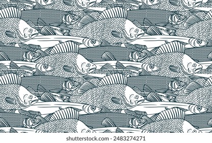 Fish seamless pattern. Perch, Capelin, Herring, Pollock, Shrimp. Vector illustration of fish on on white background. Seafood restaurant menu. Outline coloring book pages design.