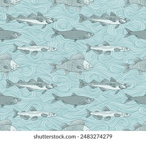 Nahtloses Fischmuster. Barsch, Lodde, Hering, Pollack, Garnelen. Vektorillustration von Fisch auf weißem Hintergrund. Meeresfrüchte-Menü im Restaurant. Umrisse des Designs von Malbuchseiten.