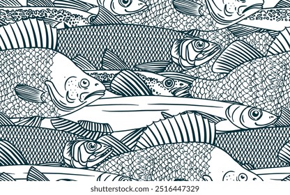 Patrón de pescado sin fisuras. Perca, Capelán, Arenque, Abadejo, Camarón. Ilustración vectorial de pescado sobre fondo blanco. Menú de mariscos. Diseño de páginas de libro para colorear de contorno.