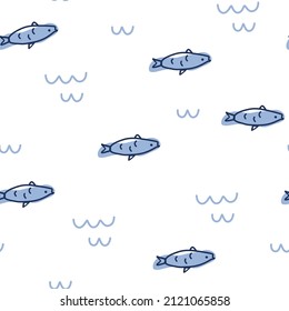 Fish seamless pattern. Perfect for fabric, packaging, wallpaper, textiles, clothing. Cartoon Sea Animals Vector illustration in Scandinavian style