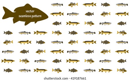 Fish seamless pattern. Salmon fish, Rainbow trout, pike and carp, perch or bass. Gold and black flat vector background.