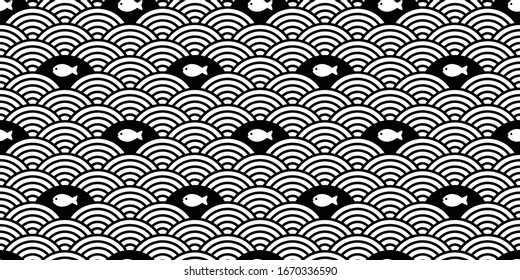 fish seamless pattern salmon tuna shark vector Japanese wave scarf isolated cartoon repeat background tile wallpaper illustration doodle design