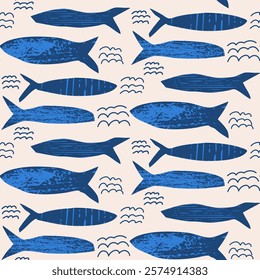 Fish seamless pattern. Sardines blue textured allover background. Coastal repeat cover. School of anchovy continuous ornament. Surface pattern design seafood motif. Vector hand drawn illustration.