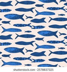 Fish seamless pattern. Sardines blue textured allover background. Coastal repeat cover. School of salmon continuous ornament. Surface pattern design seafood motif. Vector hand drawn illustration.