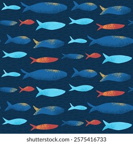 Fish seamless pattern. Sardines school allover background. Sea repeat cover. Underwater continuous ornament. Surface pattern design marine motif. Vector hand drawn illustration.