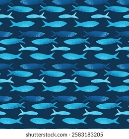 Fish seamless pattern. Sardines school allover background. Blue sea repeat cover. Underwater continuous ornament. Surface pattern design marine motif. Vector hand drawn illustration.