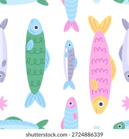 Peixe padrão sem emenda. Sardinha atum salmão. Personagens de comida do mar de arte criativa decorativa com ornamentos. Impressão de pesca para embalagem de têxteis, fundo vetorial