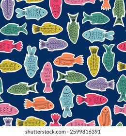 Fish seamless pattern scandinavian design. Stickers with bright multi-colored fish on a dark blue background. Geometric background of ocean fish. Children's vector illustration