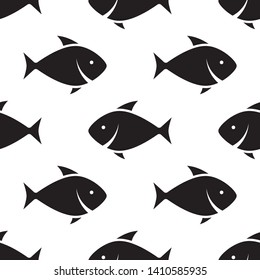 Fish seamless pattern. Sea food restaurant wallpaper design of black wildlife template isolated on white background. Animal wrapping texture.