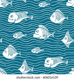 Fish seamless pattern. Sea life pattern with fishes. Marine background. 