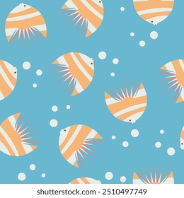 Fish seamless pattern. Sea theme with bubbles. Vector illustration on blue background.