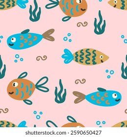 Fish seamless pattern with seaweed and bubbles vector illustration