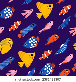 Fish seamless pattern. Set of cute flat hand drawn fishes for fabric or wrapping paper print. Surface pattern design with ocean fishing, marine wildlife doodle vector illustrations.