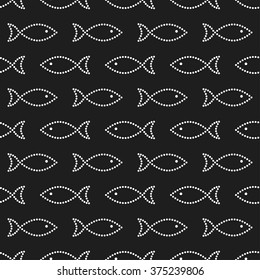 Fish Seamless Pattern. Shoal of fish. Dotted mosaic shapes of fish in garlands. Black and White Vector illustration.