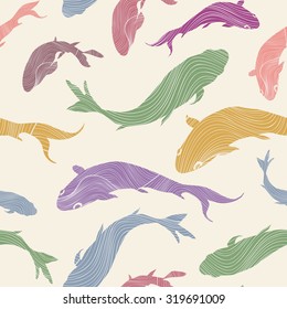 Fish seamless pattern Sketch underwater marine textured background.