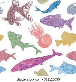 Fish seamless pattern Sketch underwater marine textured background.