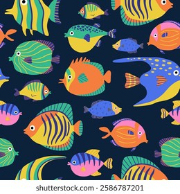 Fish seamless pattern. Surface pattern design with ocean fishing, marine wildlife. Doodle vector illustrations. Background with exotic tropical fishes. design for clothing, wrap, textile, fabric.