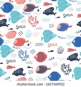 Fish seamless pattern with tropical sea elements in cartoon style. Vector illustration
