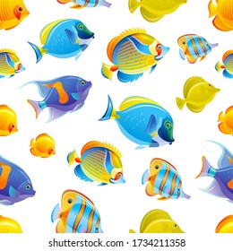 Fish seamless pattern. Tropical Sea vector background. Watercolor ocean set. Underwater animal design. Coral reef fishes cute cartoon illustration. Blue color summer marine print. Deep water wallpaper