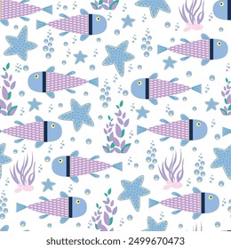 fish seamless pattern with underwater life. Perfect for kids bedding, fabric, wallpaper, wrapping paper, textile, t-shirt print.