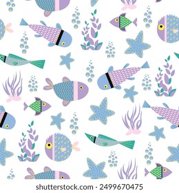 fish seamless pattern with underwater life. Perfect for kids bedding, fabric, wallpaper, wrapping paper, textile, t-shirt print.