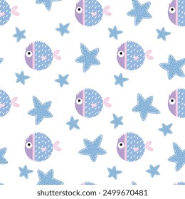 fish seamless pattern with underwater life. Perfect for kids bedding, fabric, wallpaper, wrapping paper, textile, t-shirt print.