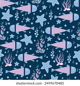 fish seamless pattern with underwater life. Perfect for kids bedding, fabric, wallpaper, wrapping paper, textile, t-shirt print.