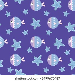 fish seamless pattern with underwater life. Perfect for kids bedding, fabric, wallpaper, wrapping paper, textile, t-shirt print.