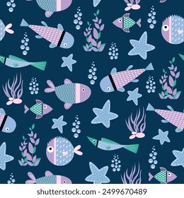 fish seamless pattern with underwater life. Perfect for kids bedding, fabric, wallpaper, wrapping paper, textile, t-shirt print.