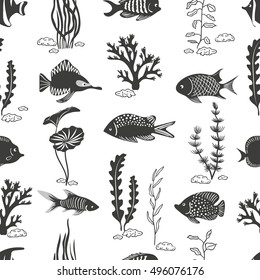 Fish seamless pattern. Underwater vector background. Silhouettes of corals, seaweeds and fish isolated on white.