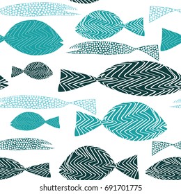 Fish seamless pattern. Various turquoise fish with stripes and dots. Vector illustration on white background