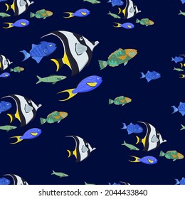 Fish seamless pattern, vector illustration on blue backdrop. Marine life, underwater world. Background with exotic tropical fishes, moorish idol swimming in ocean. Wallpaper, wrapping or fabric design