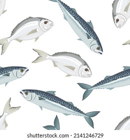 Fish seamless pattern. Vector illustration of dorado and mackerel. Food background. Cartoon flat style.