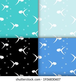 Fish seamless pattern. Vector repeating marine background with white fish and bubbles. Sea fish patterns set.