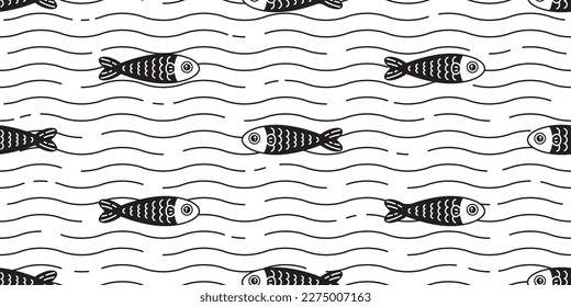 fish Seamless pattern wave vector tuna swimming salmon cartoon pet shark dolphin whale sea ocean gift wrapping paper scarf isolated repeat wallpaper tile background animal illustration doodle design