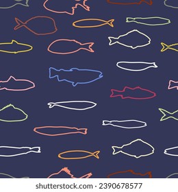 fish seamless vector pattern. Aqua blue and teal green fish on a light sand background. Modern, geometric repeat illustration. Ocean, sea, beach, marine life, underwater themed graphic print.