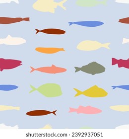 fish seamless vector pattern. Aqua blue and teal green fish on a light sand background. Modern, geometric repeat illustration. Ocean, sea, beach, marine life, underwater themed graphic print.
