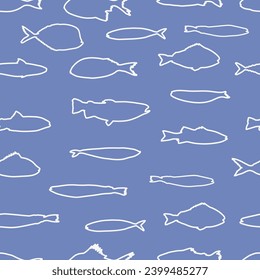 Fish seamless vector pattern. Aqua blue and teal green fish on a light sand background. Modern, geometric repeat illustration. Ocean, sea, beach, marine life, underwater themed graphic print.