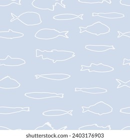 Fish seamless vector pattern. Aqua blue and teal green fish on a light sand background. Modern, geometric repeat illustration. Ocean, sea, beach, marine life, underwater themed graphic print.