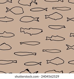 Fish seamless vector pattern. Aqua blue and teal green fish on a light sand background. Modern, geometric repeat illustration. Ocean, sea, beach, marine life, underwater themed graphic print.