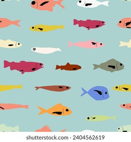 Fish seamless vector pattern. Aqua blue and teal green fish on a light sand background. Modern, geometric repeat illustration. Ocean, sea, beach, marine life, underwater themed graphic print.