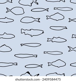 Fish seamless vector pattern. Aqua blue and teal green fish on a light sand background. Modern, geometric repeat illustration. Ocean, sea, beach, marine life, underwater themed graphic print.