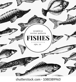 Fish seamless vector pattern. Can be use for restaurants, packaging, emblem, vector image. Vintage illustration. Banner template.