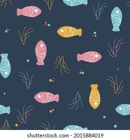Fish seamless vector pattern. Colorful cartoon fishes pattern. Marine life vector illustration. Flat style concept illustration