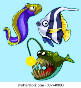 Fish of the seas and oceans isolated on a blue background. Vector.