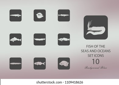 Fish the seas and oceans. Set of flat icons on blurred background. Vector illustration